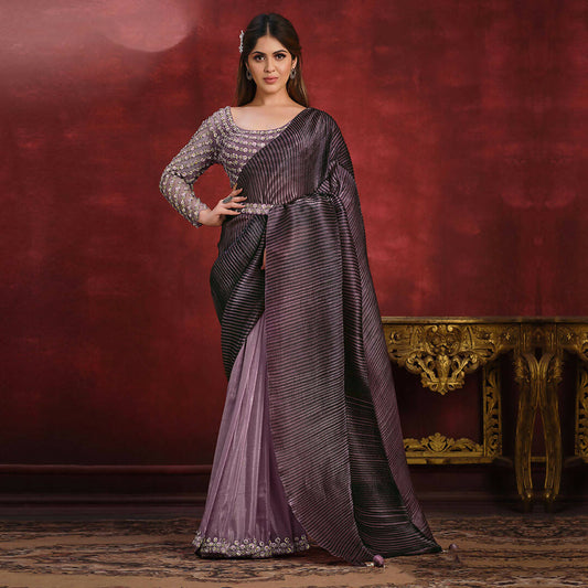 Lavender Banarasi Crush Silk Sequence Thread & Stone Work/ Texture Pallu Saree - Mohmanthan Kimiya | Swadesiicart