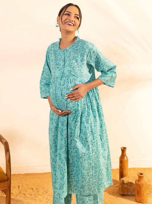 Janasya Sea Green Cotton Floral Printed Casual Maternity Set | Swadesiicart