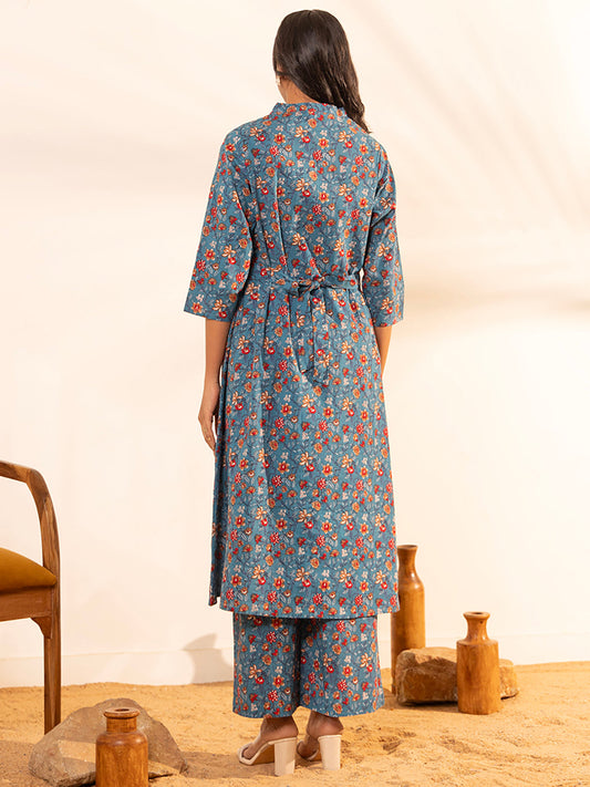 Janasya Blue Cotton Floral A-Line Kurta Set | Swadesiicart