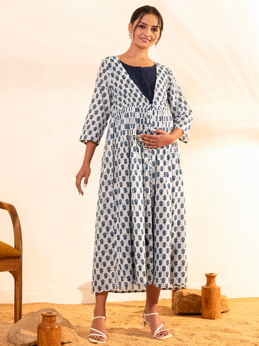 Janasya White Cotton Floral A-Line Dress | Swadesiicart