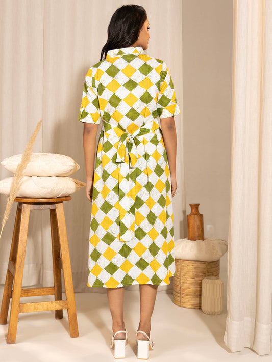 Janasya Multicolour Cotton Geometric A-Line Dress | Swadesiicart