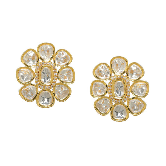 Oversized Round Kundan Studs (Gold) - Ruby Raang - Swadesiicart