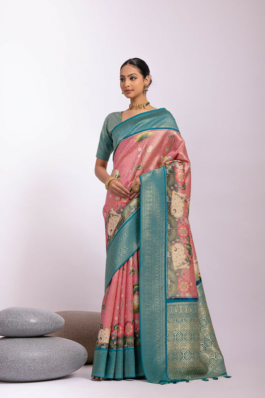 Vishnu Weaves Women's Pink Tissue Silk Zari Woven Saree with Blouse - Swadesiicart