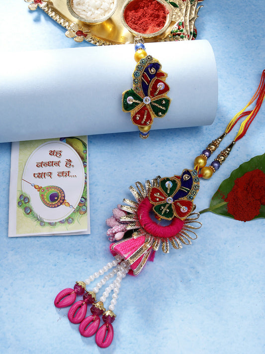 NVR Women & Men Set of 2 Multicolor Thread Work & Beaded Bhaiya Bhabhi Rakhi With Roli Chawal | Swadesiicart