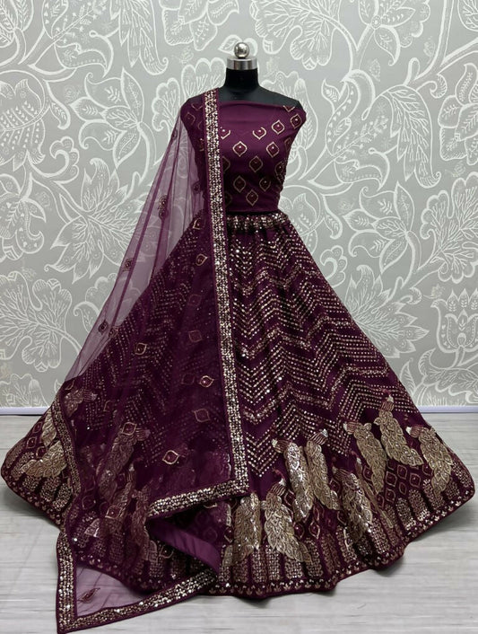 Jyoti Fashion Women's Purple Bridal Net Fancy Foil & Sequins with Multi Thread Embroidered Wedding Lehenga Choli | Swadesiicart