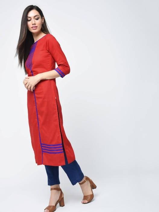 Aniyah Cotton Red Color Straight Kurta With Patchwork (AN-108K) - Swadesiicart
