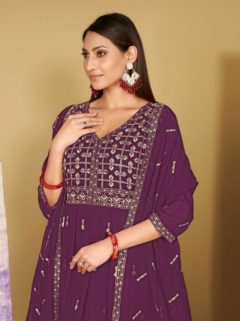 Jyoti Fashion Women's Purple Georgette Embroidered Anarkali Kurta Pant Set With Dupatta | Swadesiicart