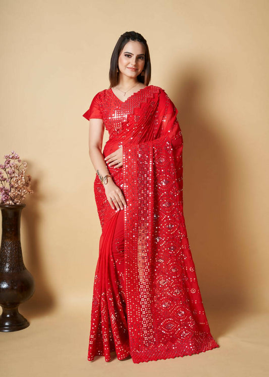 Vamsee Red Georgette Designer Saree - Swadesiicart