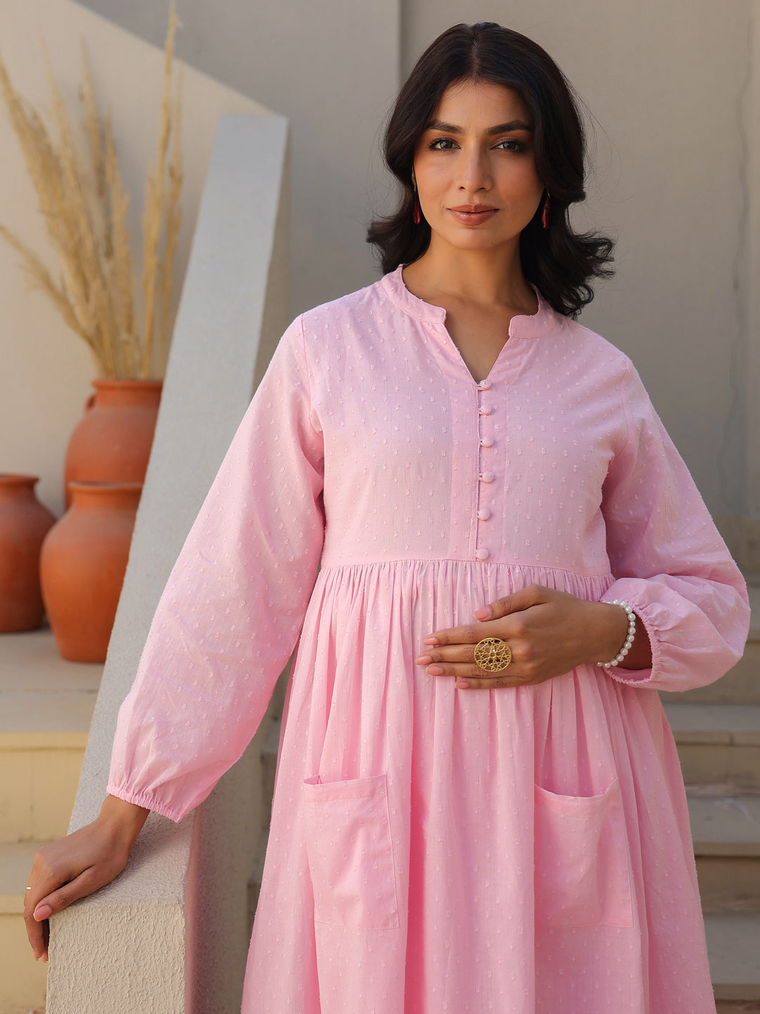 Janasya Light Dobby Cotton Self Design A-Line Kurta Set | Swadesiicart