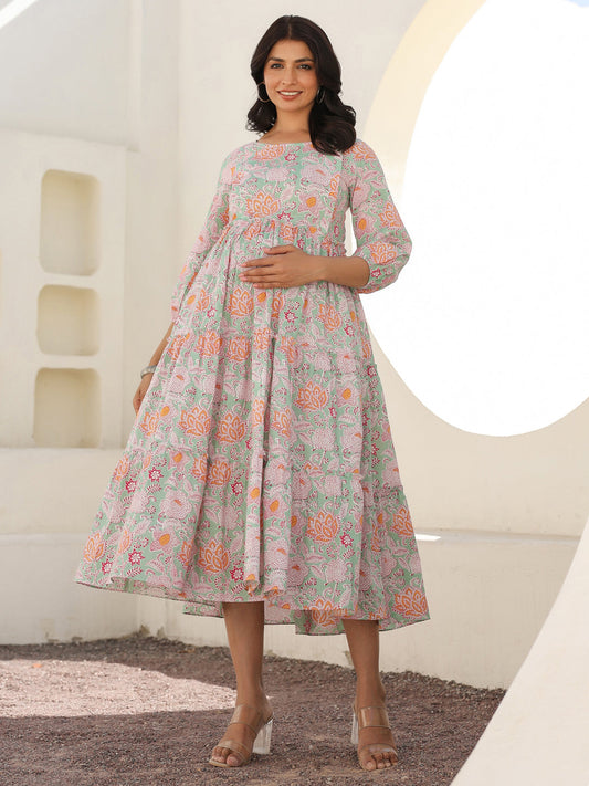 Janasya Light Cotton Floral A-Line Dress | Swadesiicart