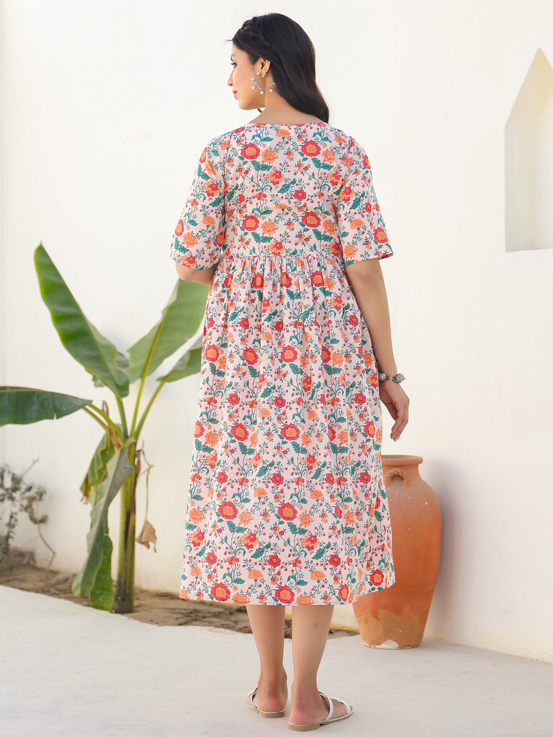 Janasya Bright Cotton Floral Fit & Flare Dress | Swadesiicart