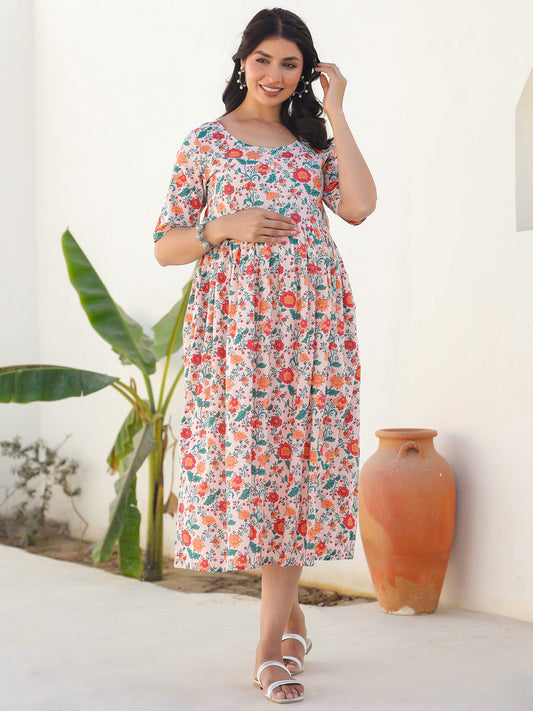 Janasya Bright Cotton Floral Fit & Flare Dress | Swadesiicart