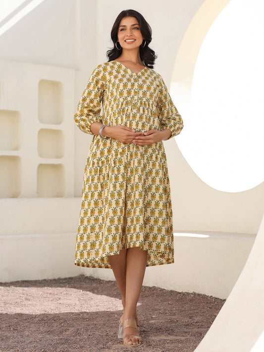 Janasya Light Cotton Floral A-Line Dress | Swadesiicart