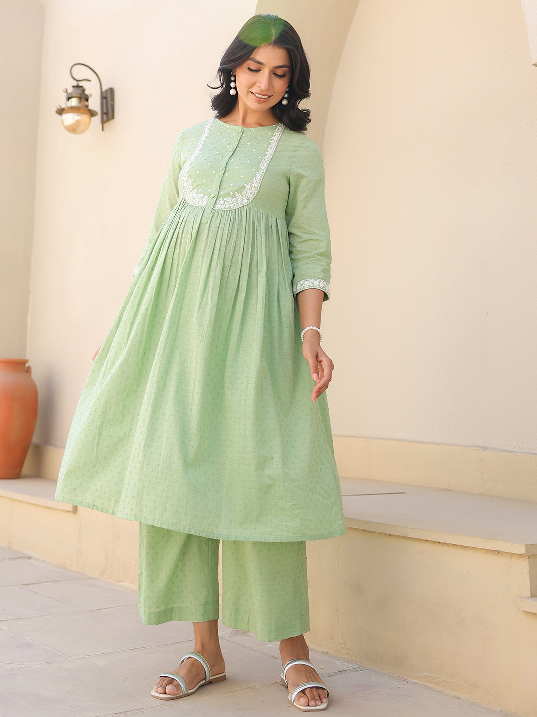 Janasya Light Dobby Cotton Yoke Embroidery A-Line Kurta Set | Swadesiicart