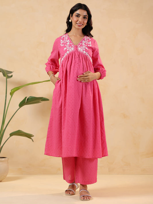 Janasya Light Dobby Cotton Yoke Embroidery A-Line Kurta Set | Swadesiicart