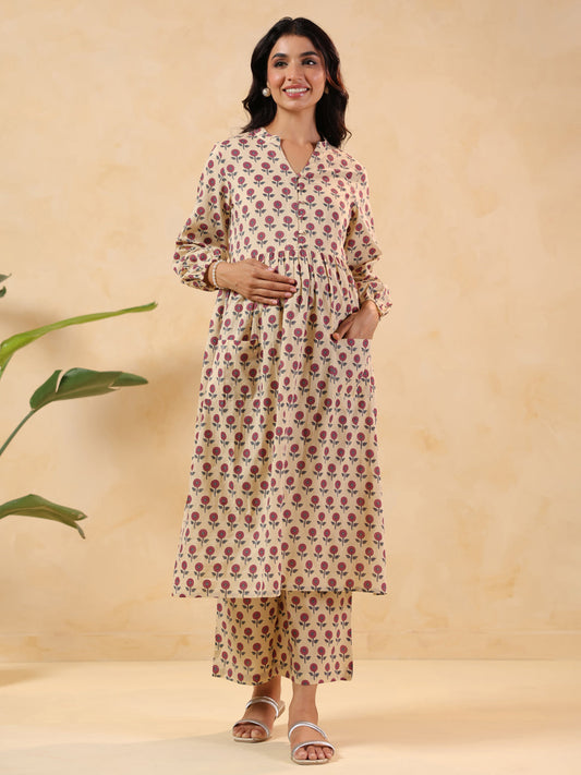 Janasya Light Cotton Floral A-Line Kurta Set | Swadesiicart