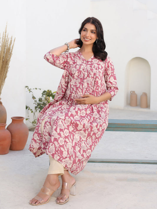 Janasya Light Cotton Floral Gathered Kurta | Swadesiicart