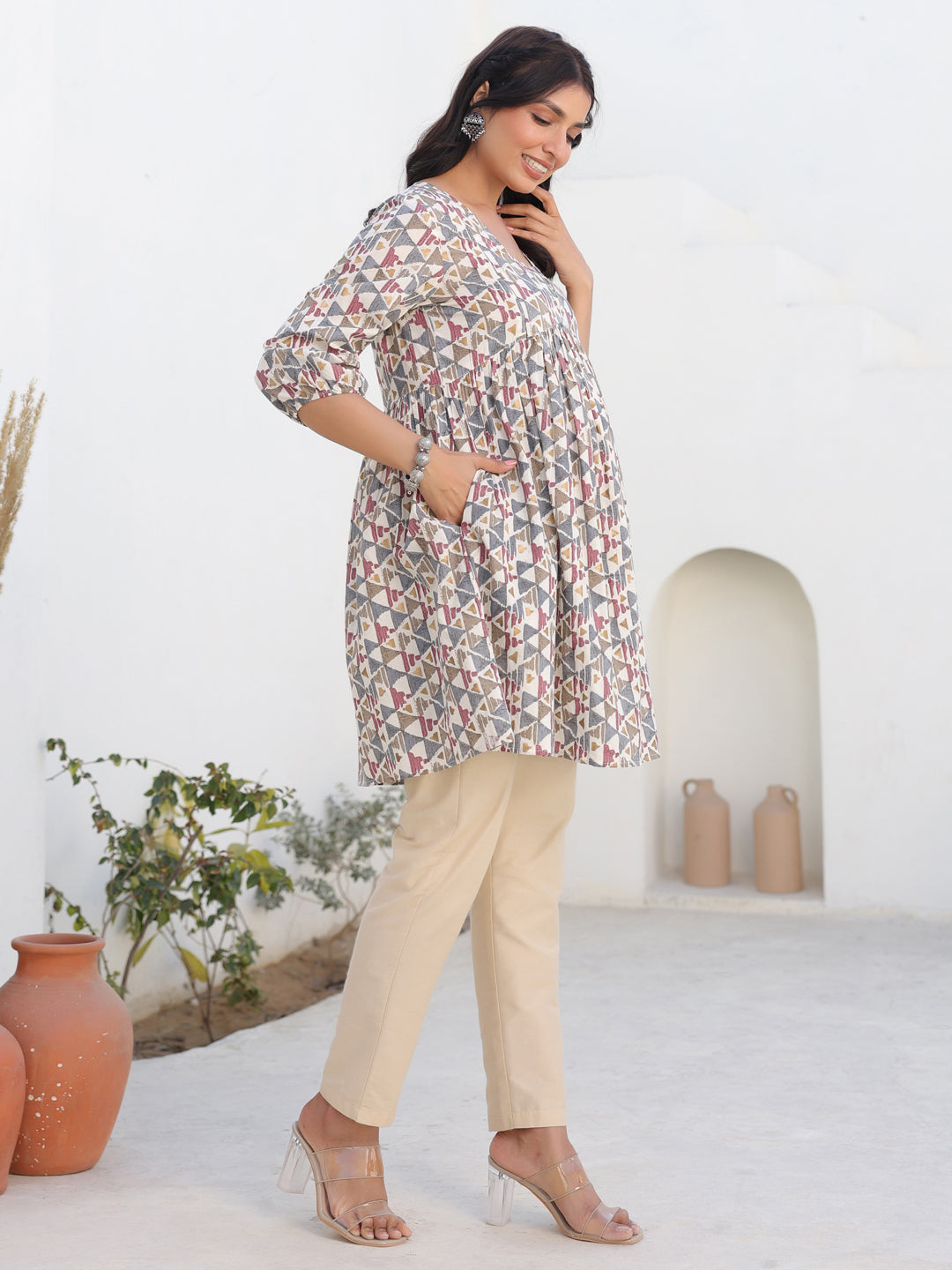 Janasya Light Cotton Geometric A-Line Tunic | Swadesiicart