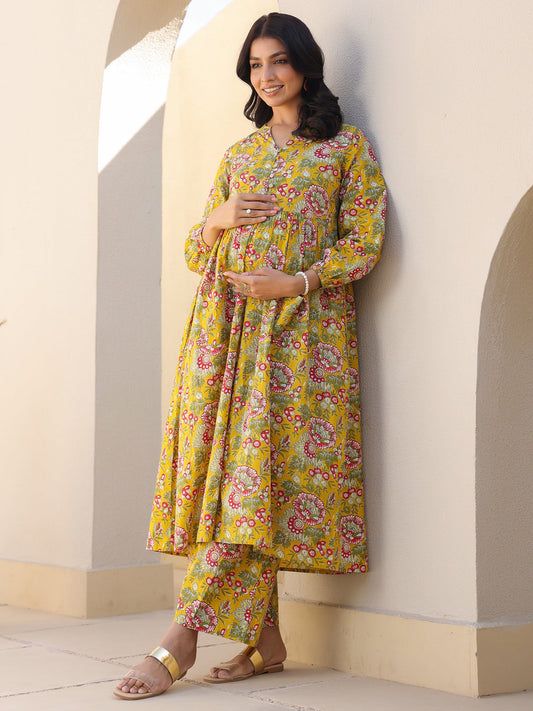 Janasya Bright Cotton Floral A-Line Kurta Set | Swadesiicart