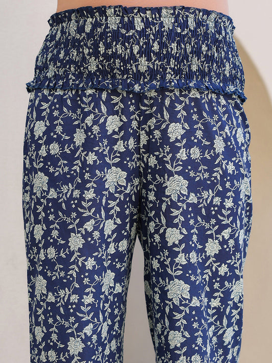 Janasya Dark Cotton Floral Gathered Top & Bottom Set | Swadesiicart