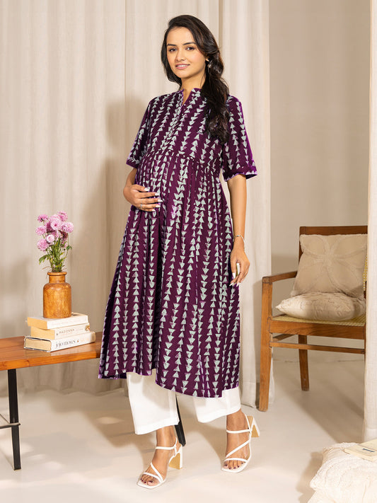 Janasya Dark Cotton Geometric A-Line Kurta - Swadesiicart