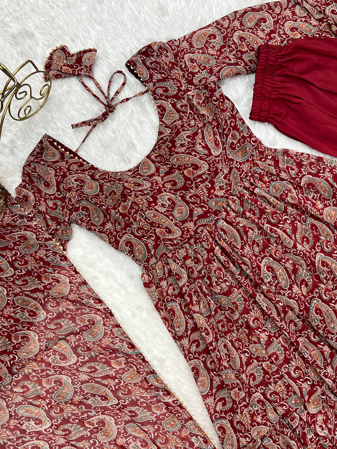 Lorenvalley Fashion Women Pure Soft Georgette Kalamkari Print Fully Flair Anarkali With Pant Dupatta Set - Maroon | Swadesiicart