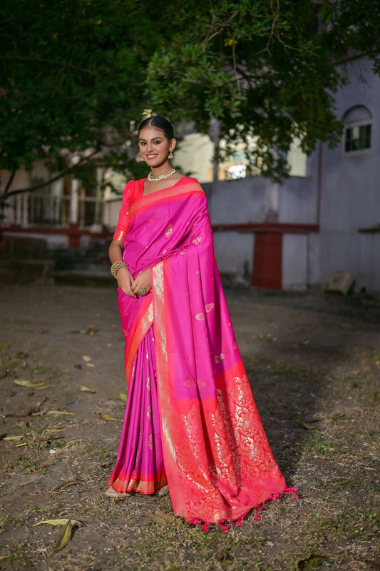 Vishnu Weaves Women's Wine Soft Silk Zari Woven Saree with Blouse - Swadesiicart