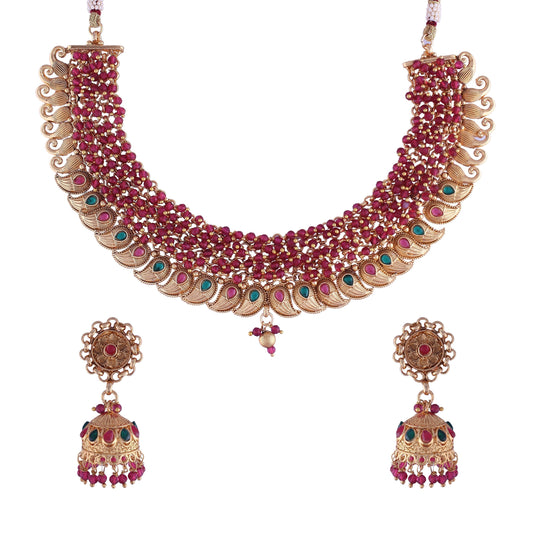 Gold-Polished Brass Pearl Choker Necklace With Earrings for Women/Girls - Wahe Jewels - Swadesiicart