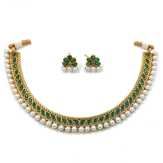 Gold-Polished Traditional Green Choker Necklace Jewellery Set For Women/Girls - Wahe Jewels - Swadesiicart