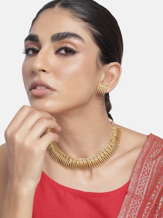 Gold-Polished Traditional Stylish Golden Necklace with Earrings for Women & Girls - Wahe Jewels - Swadesiicart