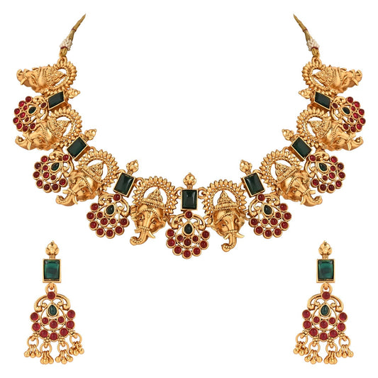 Gold-Polished Traditional Temple Choker Necklace Jewellery With Earrings Set for Women/Girls - Wahe Jewels - Swadesiicart