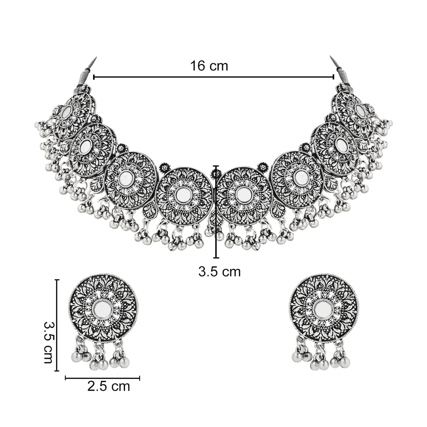 Navratri Ethnic Silver Oxidized Traditional Afghani Choker Necklace Jewellery Set for Women - Wahe Jewels - Swadesiicart
