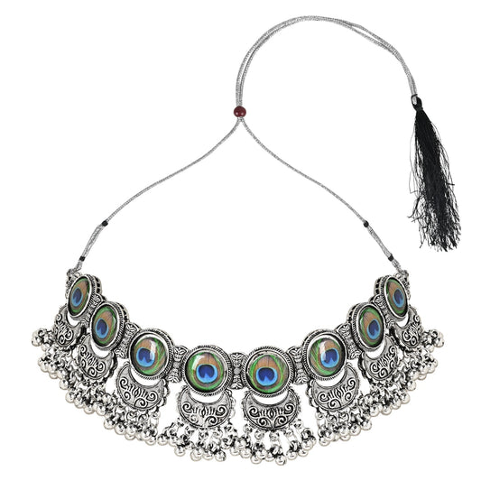 Navratri Oxidised Silver Plated Afghani Choker Necklace Jewellery Set for Women - Wahe Jewels - Swadesiicart