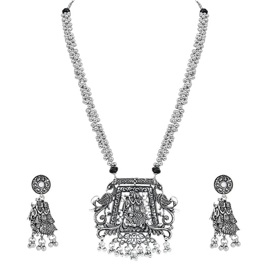 Navratri Ethnic Silver Oxidised Radha Krisha Long Necklace Jewellery With Jhumka Earrings Set For Women/Girls - Wahe Jewels - Swadesiicart