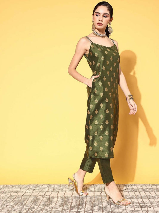 Ahalyaa Women's Olive Colour Poly Silk Gold Printed Kurta Pant Set | Swadesiicart