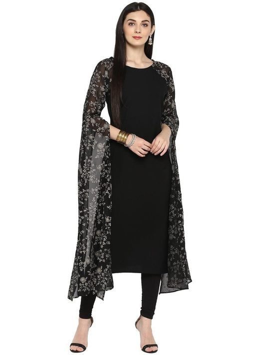 Ahalyaa Women's Black Georgette Rubber Glitter Print Kurta | Swadesiicart
