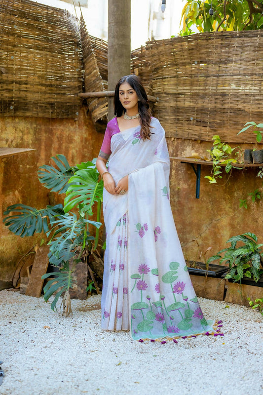 Vishnu Weaves Women's Wine Muga Cotton Woven Butti Saree with Blouse - Swadesiicart