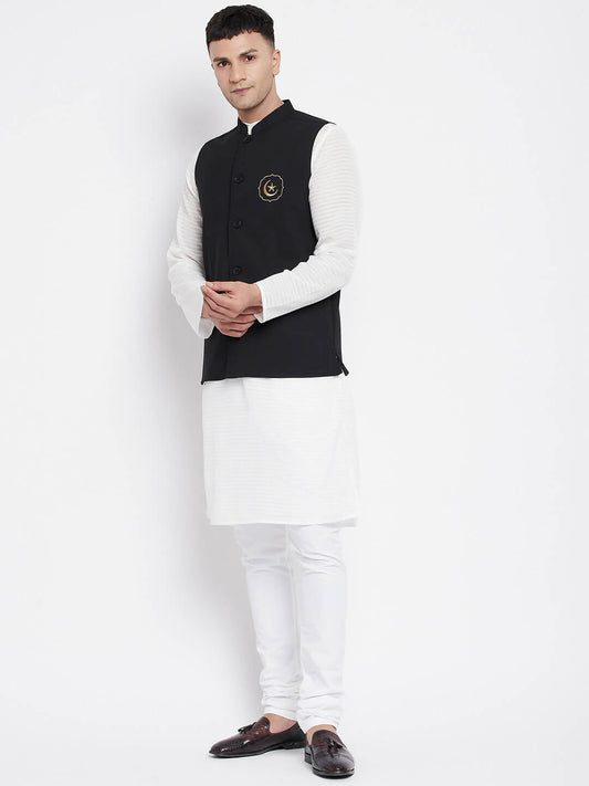 Even Apparels Black Pure Cotton White Kurta Sets With Eid Insignia Jackets PW668-CHA | Swadesiicart
