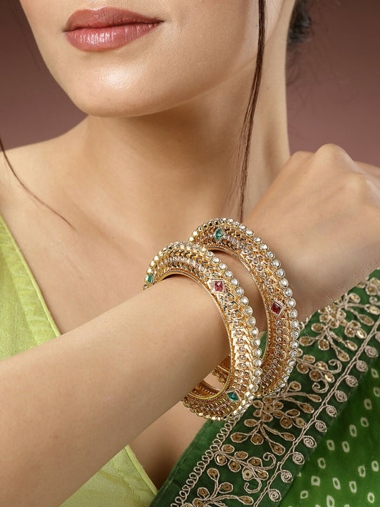 NVR Women's Set of 2 Gold-Polished Kundan Traditional Bangles - NR Retail-NVR
