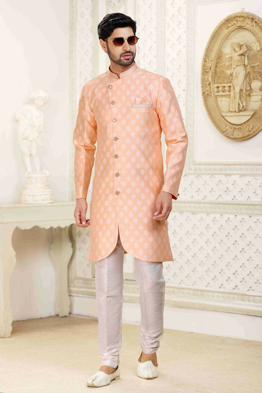 Raivat Ethnic Banarasi Jacquard Embroidery Semi Indo Western Sherwani In Peach Colour | Swadesiicart