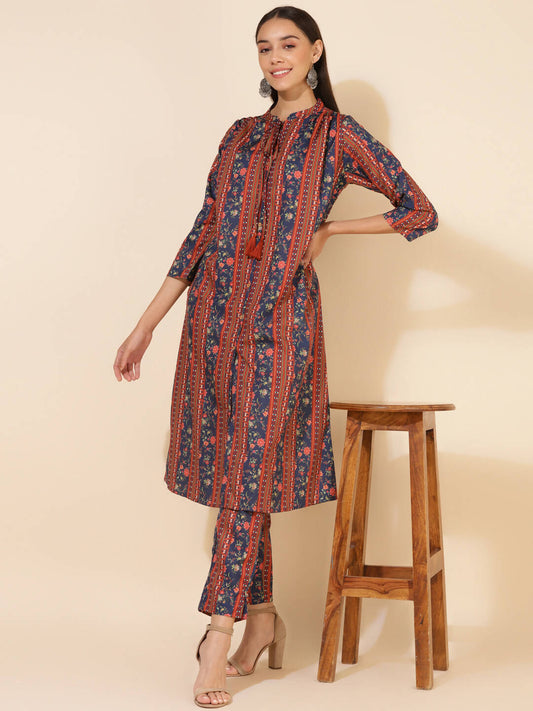 Janasya Women's Blue Crepe Digital Floral Printed Festive A-line Co-ords - Swadesiicart