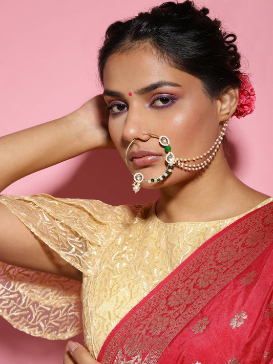 Gold-Polished White Green Kundan-Studded Pearl Beaded Nosepin - Ruby Raang | Swadesiicart
