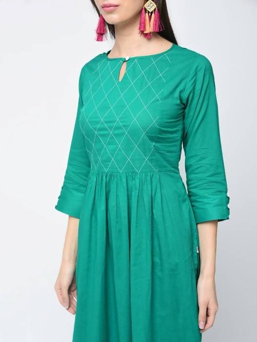 Aniyah Cotton Solid Flared Kurta With Key Hole Neck In Turquoise (AN-104K) - Swadesiicart