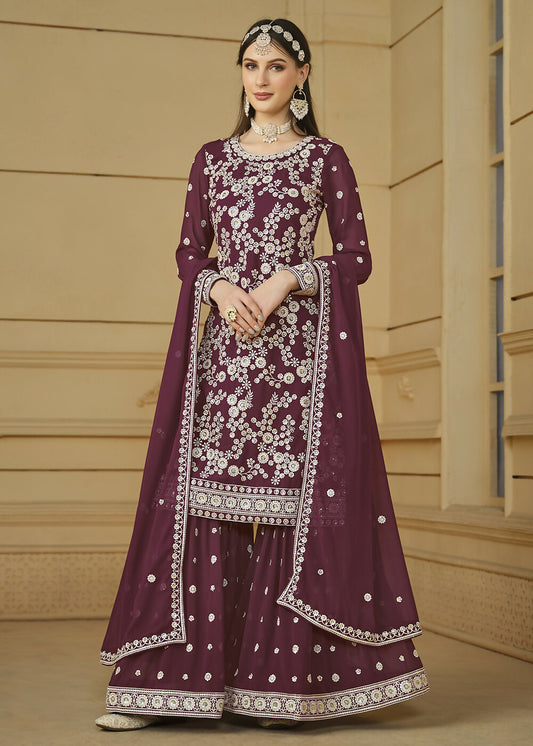 Burgundy Wine Embroidered Georgette Gharara Style Suit - Emponline | Swadesiicart