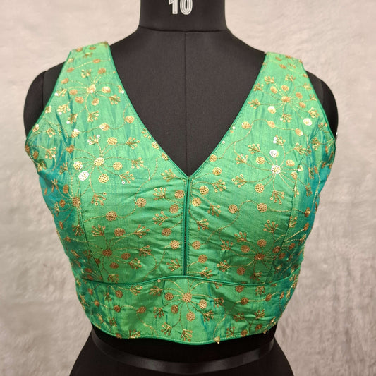 Kia Fashions Green Twin Tone Golden All Over Sequins Readymade Blouse - Swadesiicart