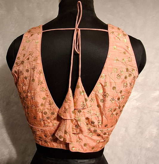 Kia Fashions Peach Twin Tone Golden All Over Sequins Readymade Blouse - Swadesiicart