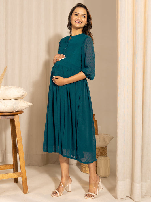 Janasya Teal Dobby Georgette Self Design Casual Maternity Kurta | Swadesiicart