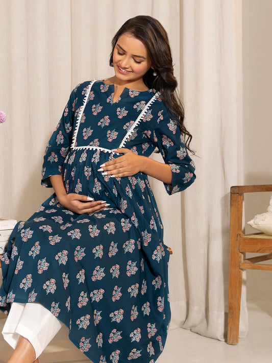 Janasya Teal Cotton Floral Fit & Flare Kurta | Swadesiicart