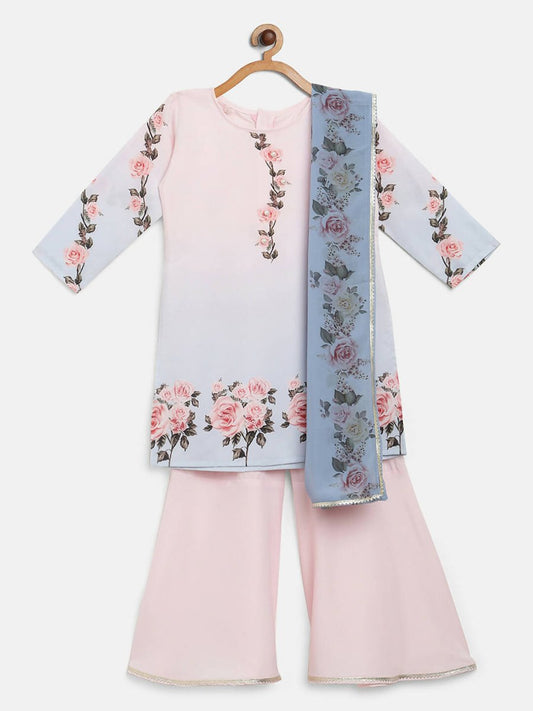Ahalyaa Pink Crepe Floral Print Kids Kurta Sharara Set With Dupatta For Girls | Swadesiicart