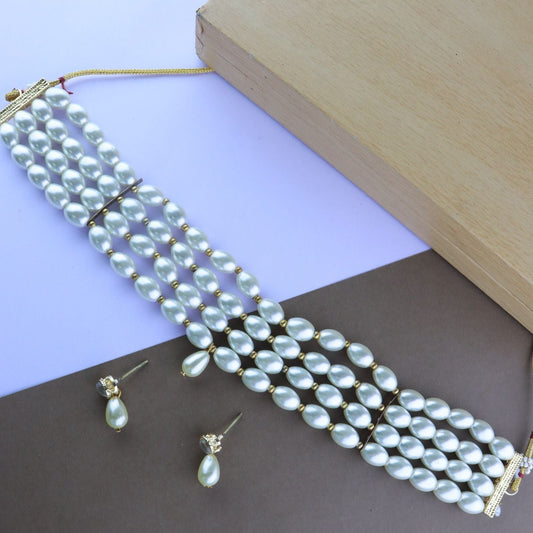 Gold-Polished Traditional Pearl Beaded Stylish Moti Choker Necklace Jewellery Set with Earrings for women - Wahe Jewels - Swadesiicart